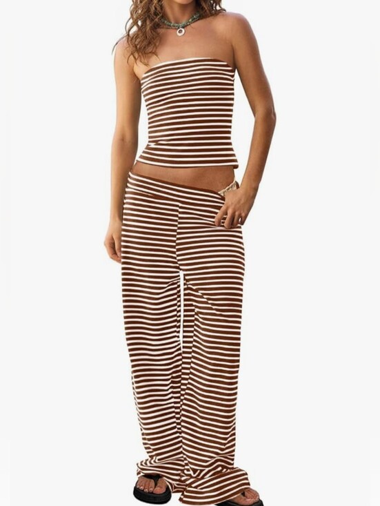Tankaneo Pants - Tankaneo Brown White Striped 2 Piece Tube Top Wide Leg Pants Set Medium NWT